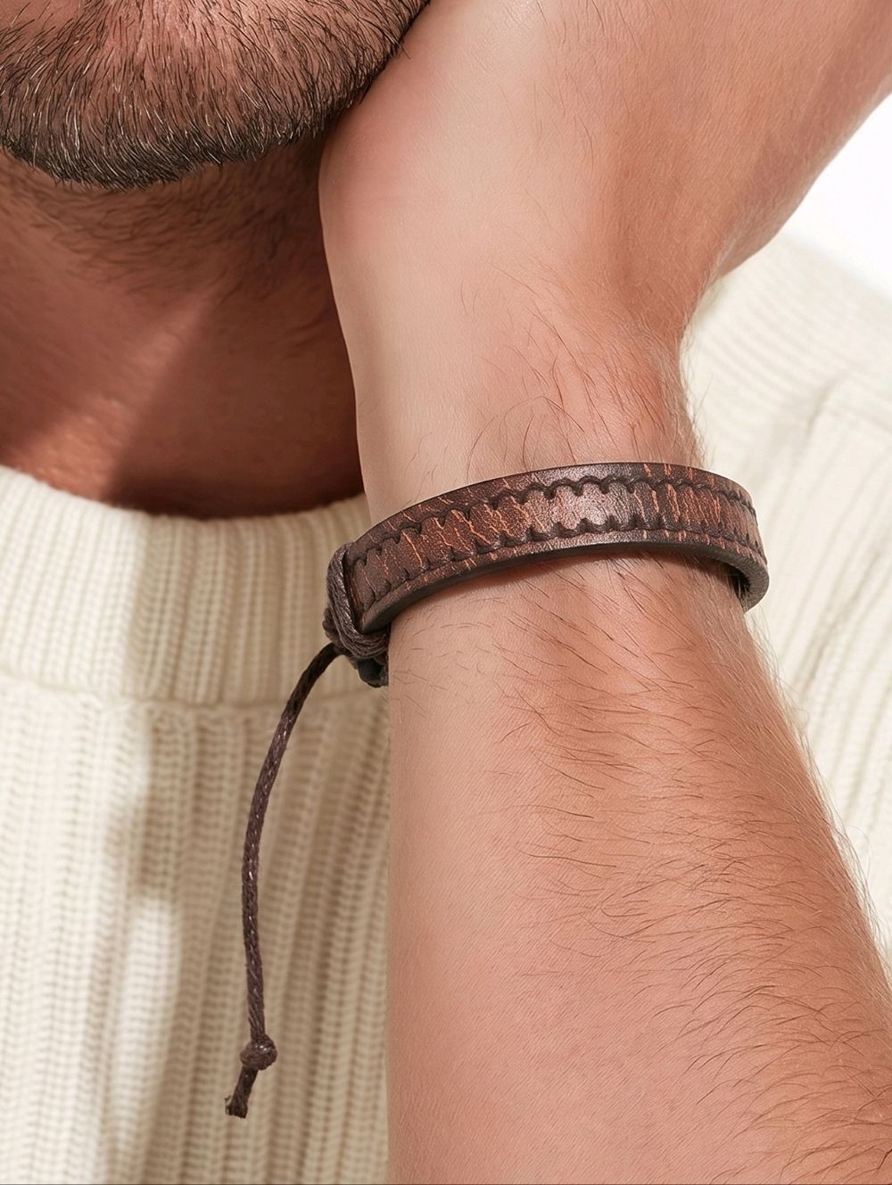 Men’s Brown Leather Bracelet Stitched Cuff Adjustable Rustic Minimalist Unisex
